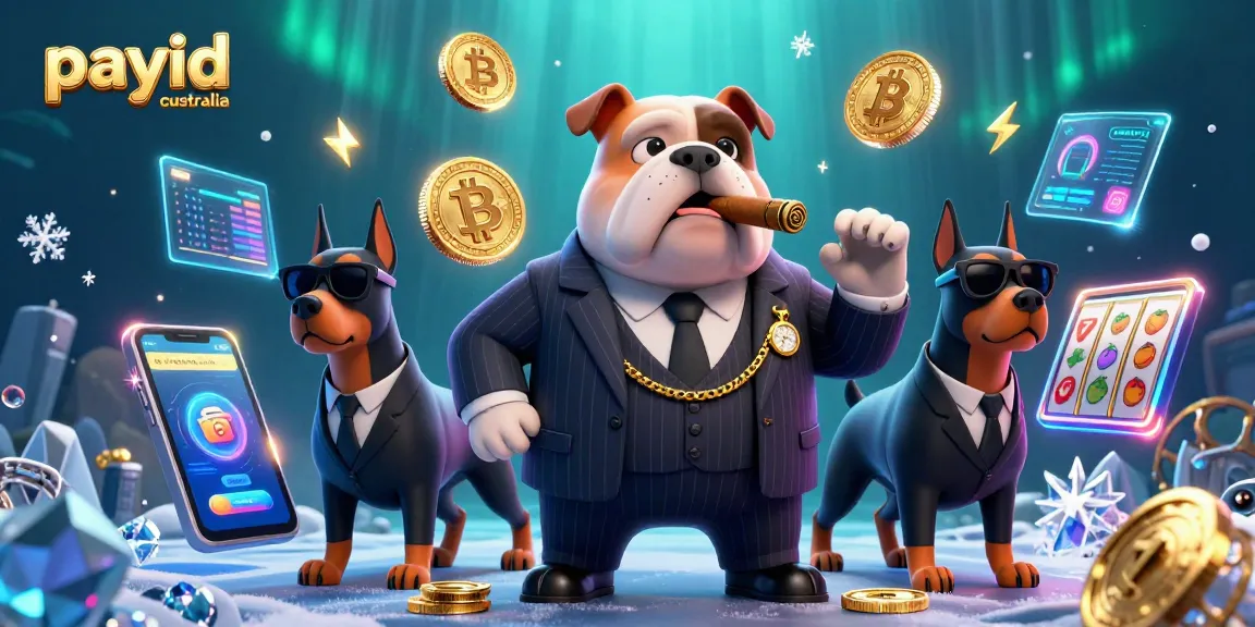Engage with the dynamic scene of payid casinos australia featuring a bulldog mafia boss surrounded by neon crypto coins and animated slot elements.