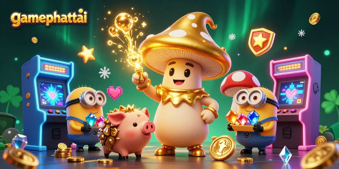 Spin to win with gamephattai's enchanting golden wizard and treasure-hunting pig in a vibrant casino scene.