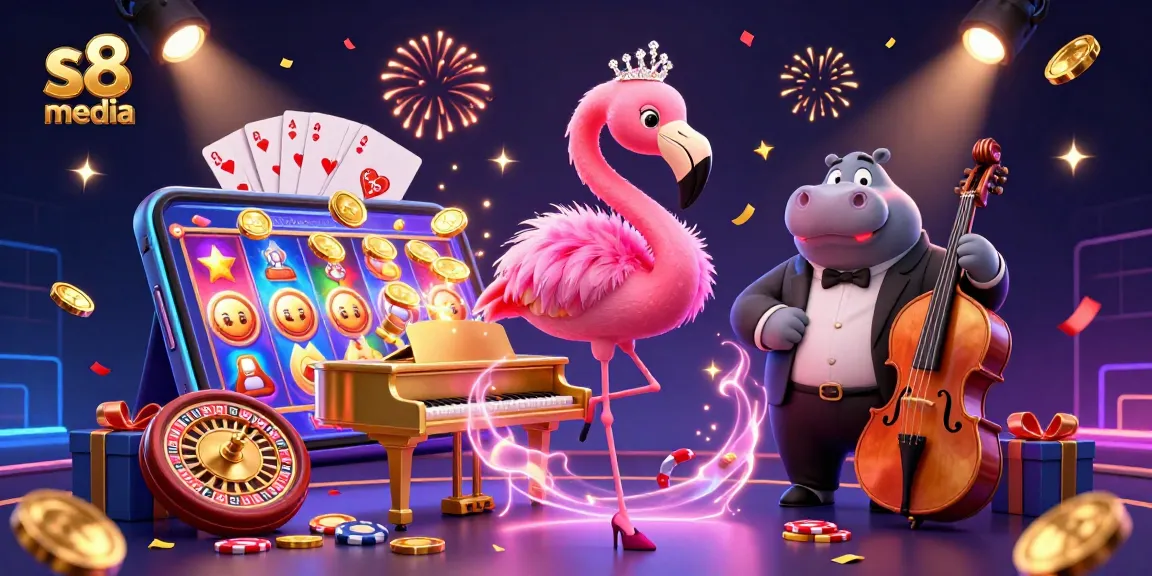 Spin and win with S8 media at the 3D casino lounge featuring vibrant characters and games