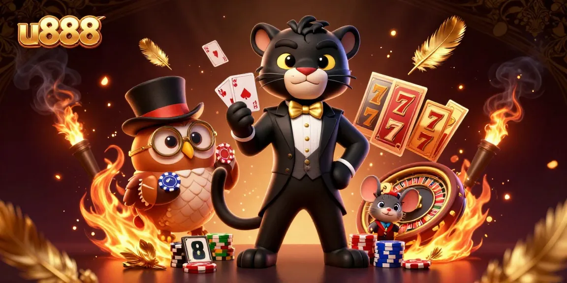 Play exciting casino games with u888 featuring a stylish black panther, owl, and lucky mouse amidst vibrant gaming elements.
