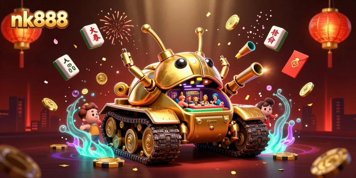 Experience the excitement of nk888 with a vibrant 3D casino scene filled with celebratory elements.