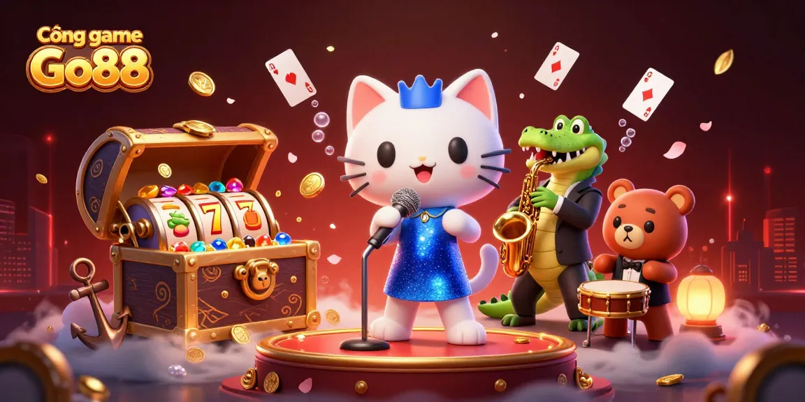 Cổng game Go88 showcases vibrant characters amid gold coins and slot reels, creating an engaging casino atmosphere.