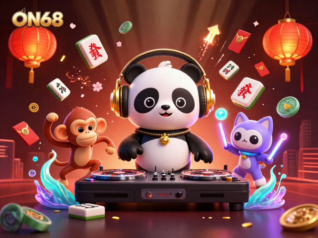 Experience thrilling gaming at ON68 with a vibrant 3D casino scene featuring a DJ panda.