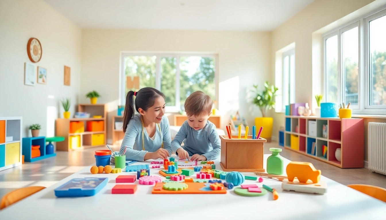 Engaged child receiving ABA therapy in Farmington Hills from a supportive therapist in a colorful room.
