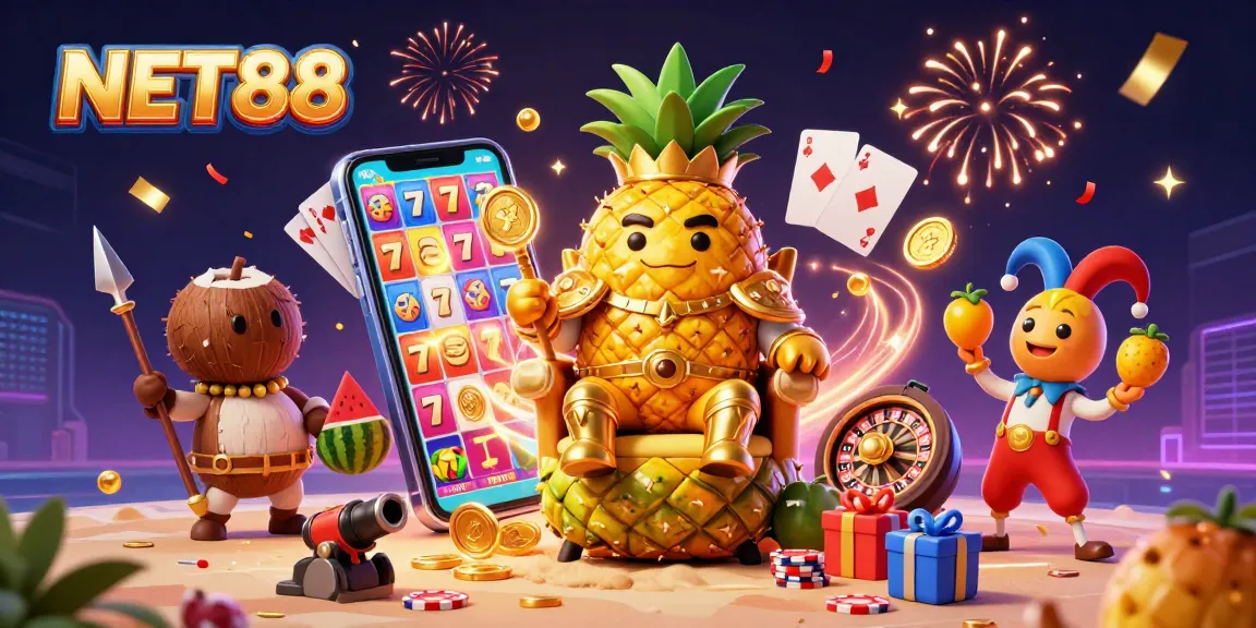 Experience NET88 with vibrant casino characters celebrating on a tropical beach.