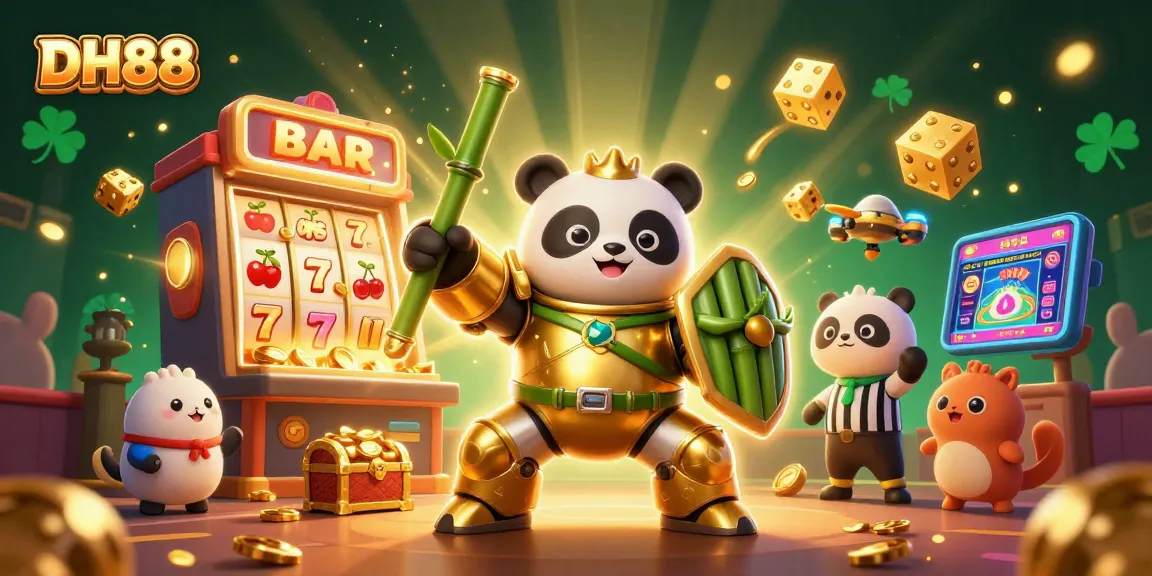 Win big with DH88's vibrant casino scene featuring a golden panda robot amidst a dynamic slot machine.