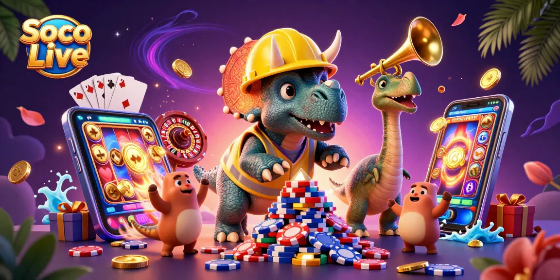 Soco Live offers dynamic gaming experiences in a vibrant cartoon scene, showcasing exciting slot games and cheerful characters.