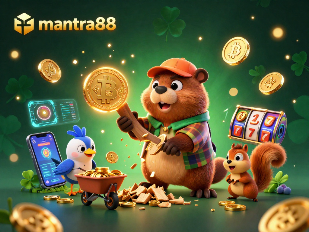 Engage with mantra88: enjoy dynamic slot action featuring a beaver, bird, and squirrel in a rich, vibrant casino scene.