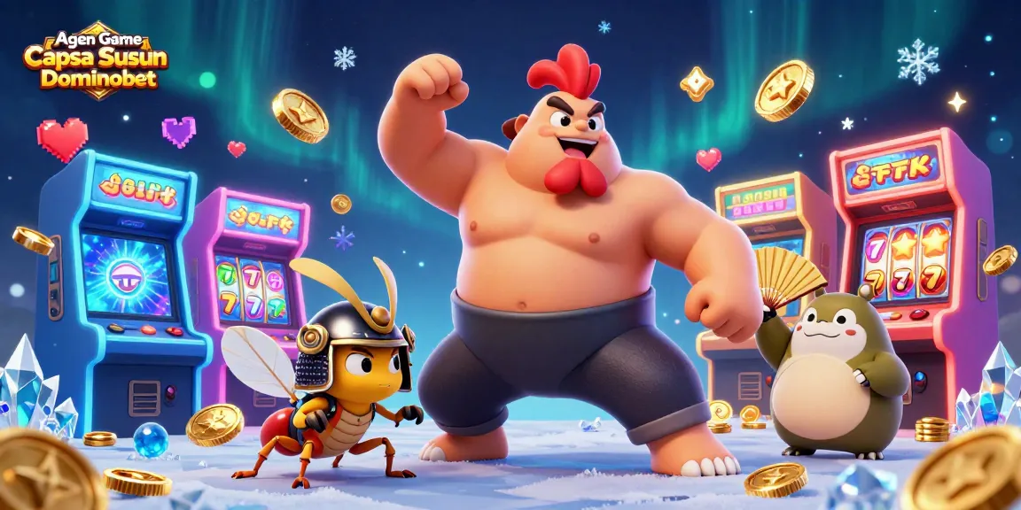 A dynamic illustration showcasing Agen Game Capsa Susun Online Dominobet with vibrant casino elements and playful characters.