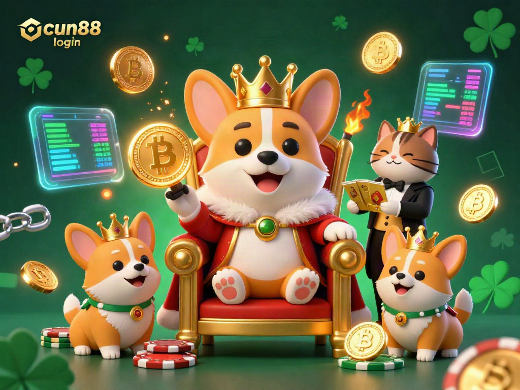 Experience the thrill of cuan88 login with a royal corgi surrounded by blockchain elements in a vibrant casino setting.