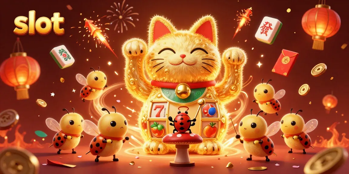 Festival slot menggiurkan dengan kucing keberuntungan dan simbol kasino menyala, di tengah keriuhan perayaan.