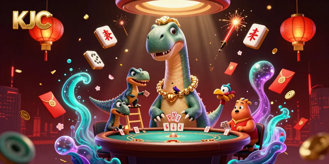 KJC's captivating casino scene features a brontosaurus overseeing a poker game with vibrant mahjong tiles and festive elements.