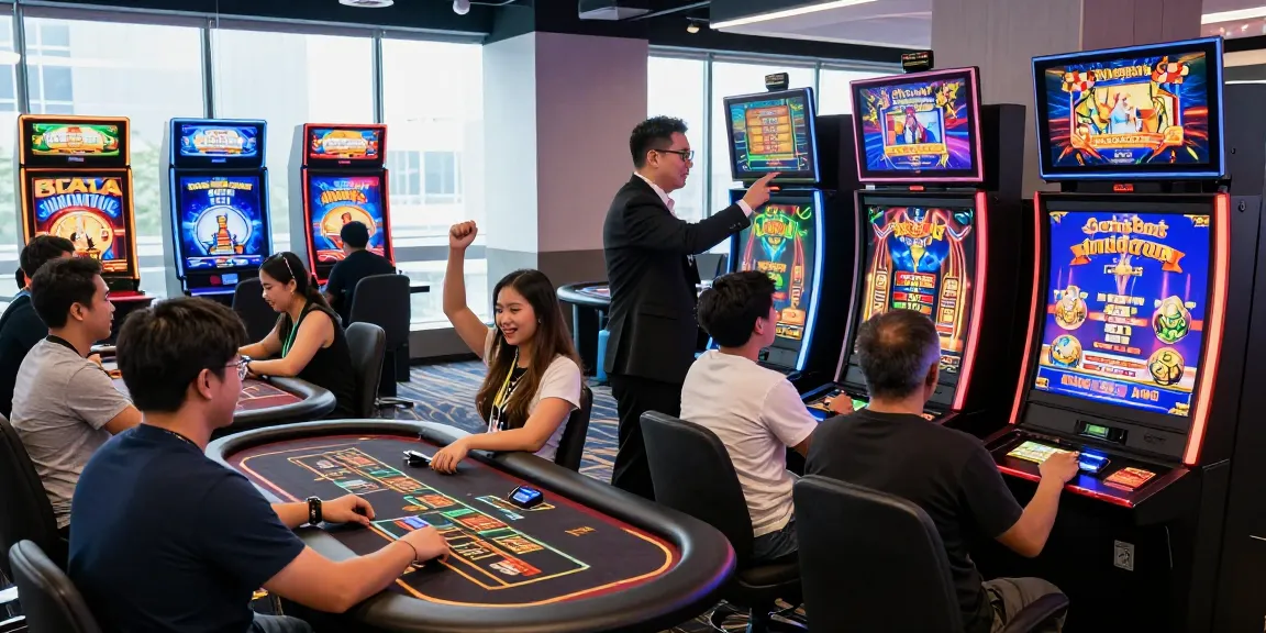 Players exploring diverse games at GemBet Singapore online casino, including live dealers and slot machines in a vibrant gaming lounge.