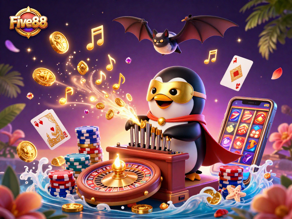 Five88 shows a 3D cartoon penguin organist surrounded by golden coins and vibrant casino elements.