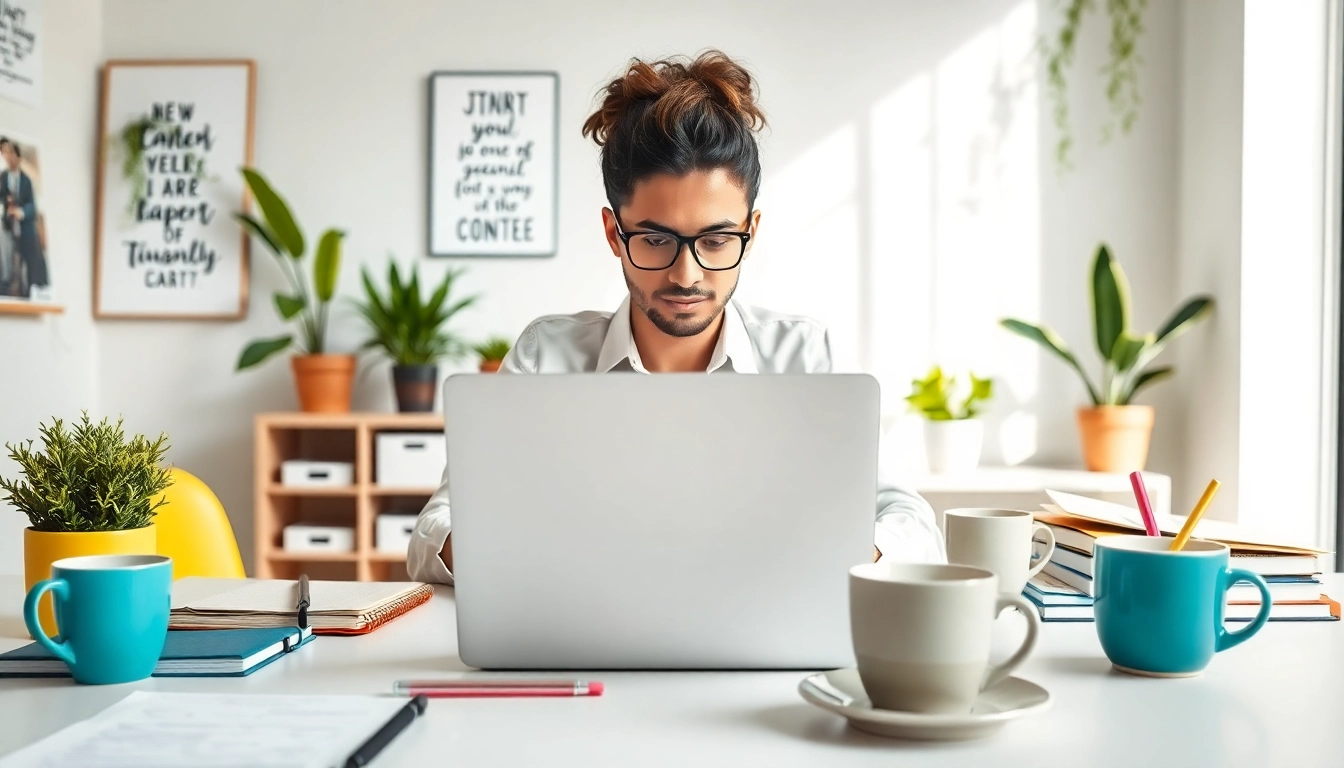 Achieve Peak Productivity with a focused individual in a bright workspace, utilizing productivity tools.