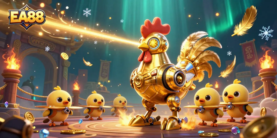 Engage with EA88's exciting gaming scene featuring a futuristic rooster robot and betting tokens.
