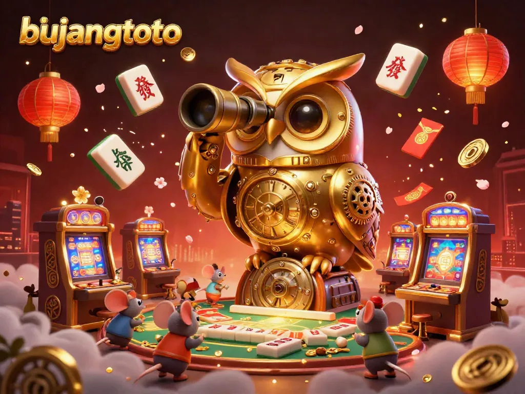 Bujangtoto casino illustration featuring a clockwork owl and animated mice enjoying slot machines amidst festive decorations.