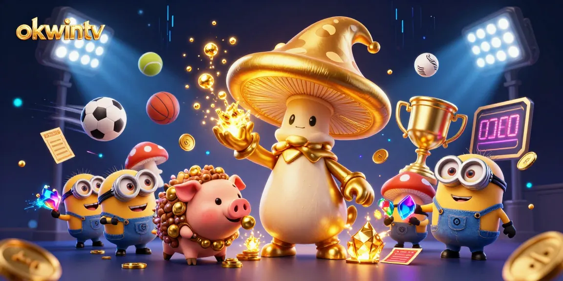 Bet on the magic of okwintv with golden treasures and dynamic sports elements surrounding a whimsical wizard.