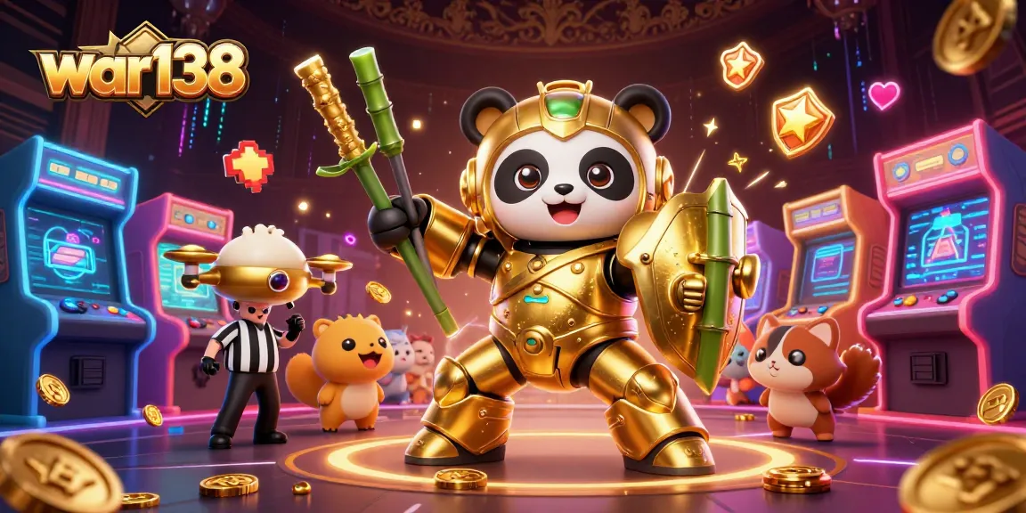 Experience thrilling gameplay with WAR138, featuring a dynamic panda piloting a robot in a vibrant casino arena.