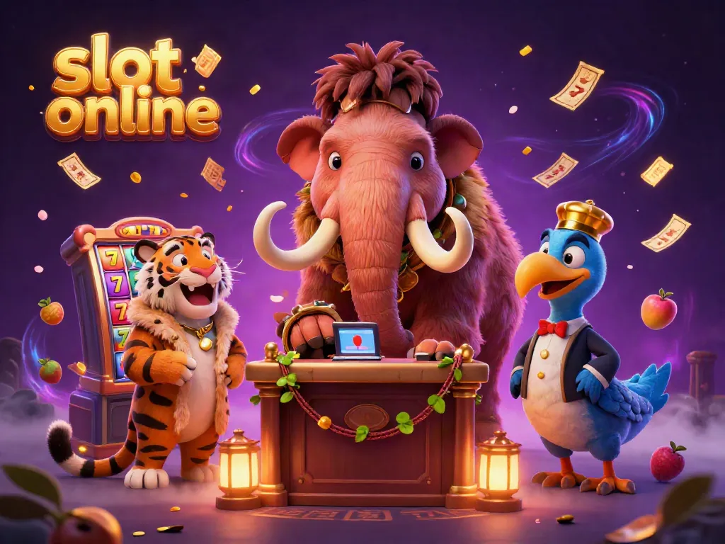 Engaging scene featuring colorful slot online elements with a woolly mammoth and saber-tooth tiger in a casino backdrop.