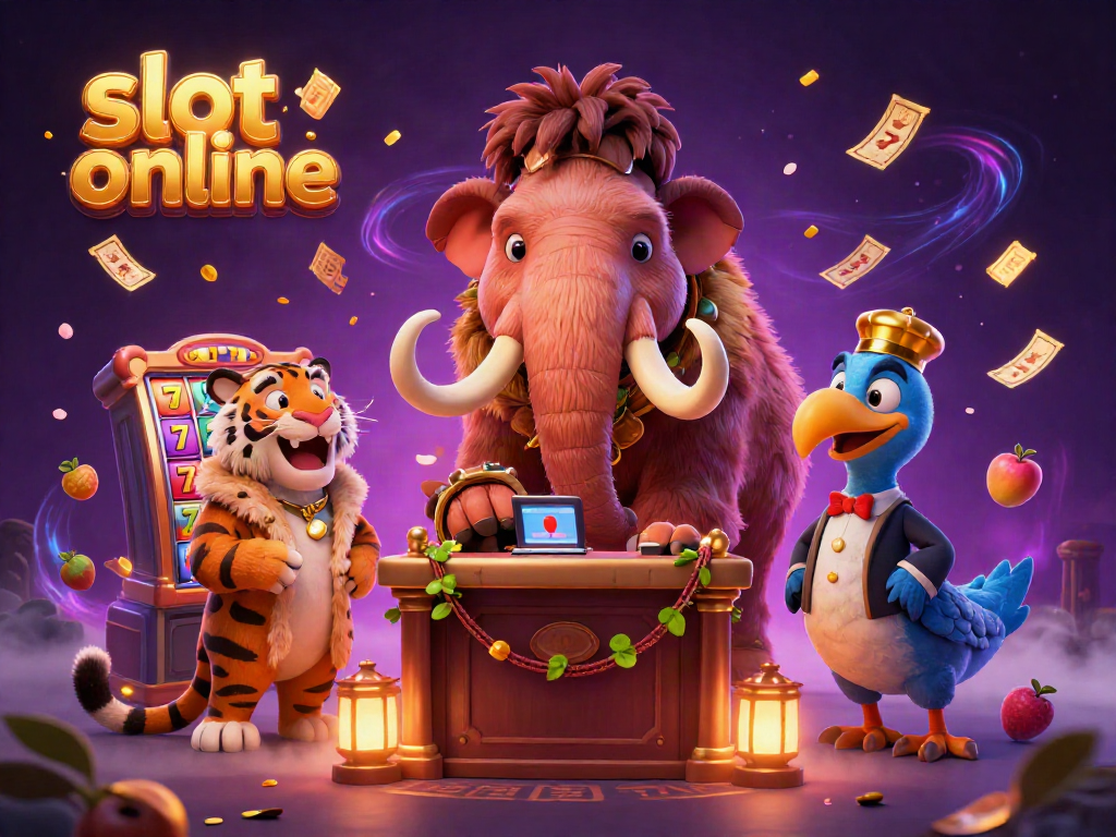 Engaging scene featuring colorful slot online elements with a woolly mammoth and saber-tooth tiger in a casino backdrop.