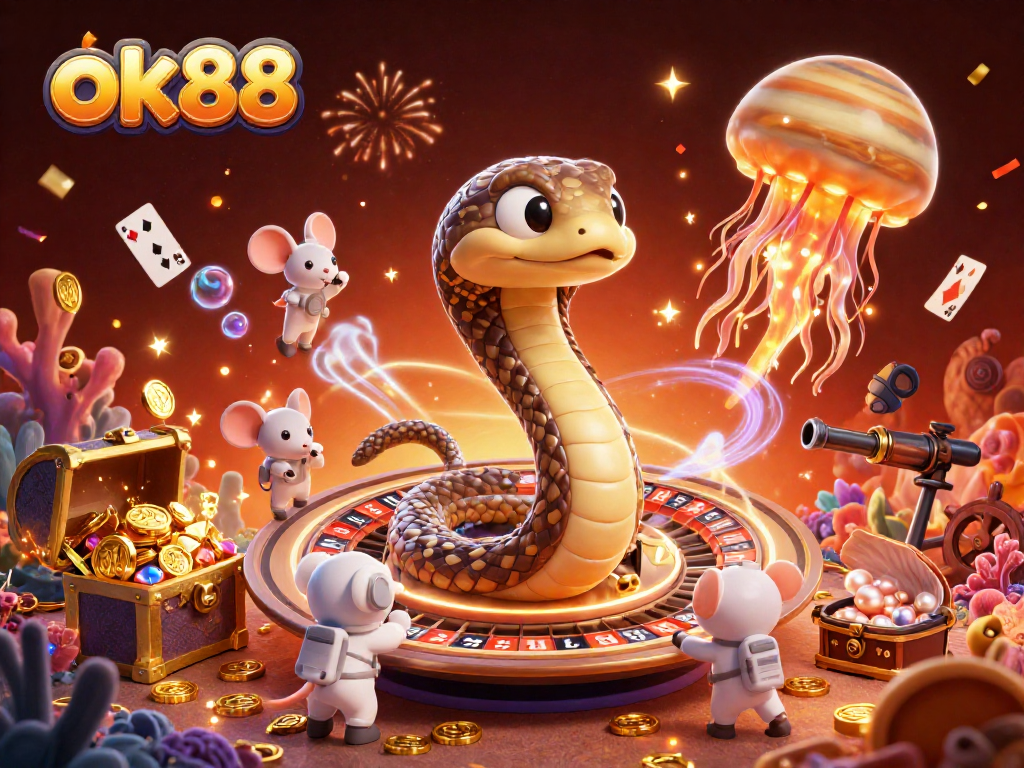 Engage with ok88's exciting gaming world as astronaut mice place bets on a roulette wheel crafted from Saturn's rings amidst a vibrant cosmic casino.