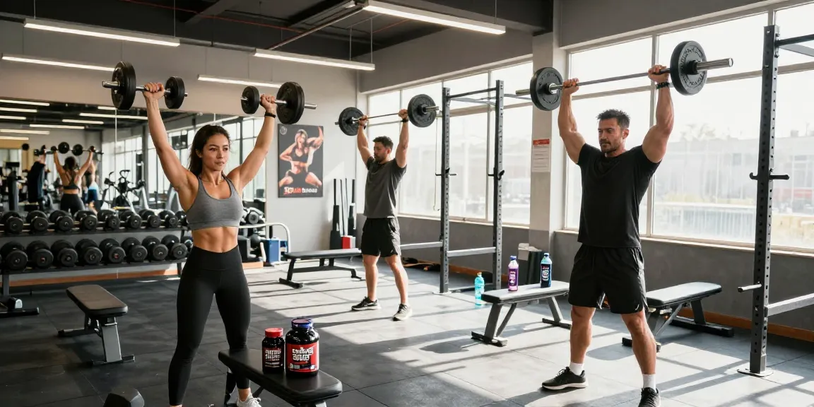 Steroid Shop products showcased as bodybuilders train together in a modern gym.