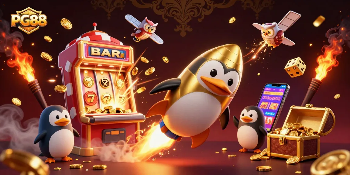 Experience the excitement of PG88 as a golden penguin blasts through space, surrounded by colorful casino game elements.