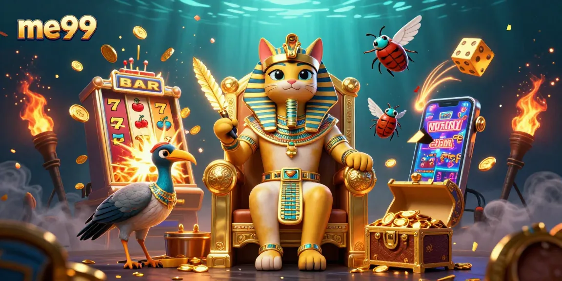 Experience the excitement of me99 with a vibrant casino scene, slot machines, and symbols.