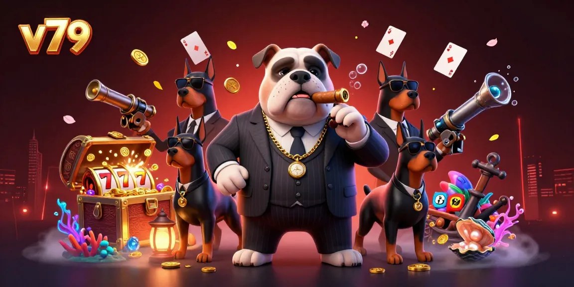 Experience the thrilling world of v79 with a mafia boss bulldog and treasures in this vibrant casino-themed illustration.