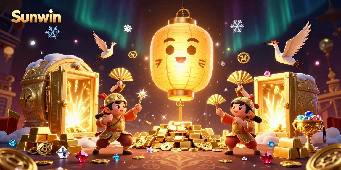 Experience the exciting world of Sunwin casino with an enchanting 3D scene featuring vibrant characters and treasure.