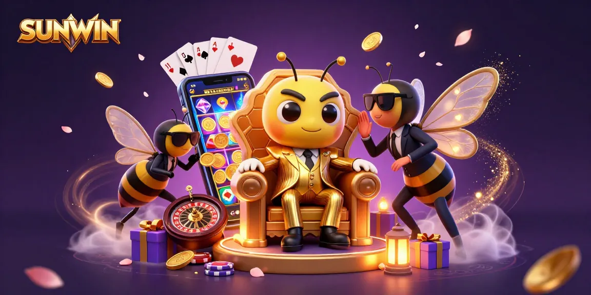 SUNWIN attracts players with a vivid 3D illustration showing a cartoon mob boss and game elements in a gambling scene.