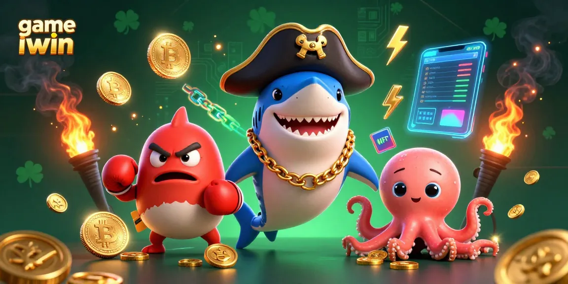 Engage with dynamic game iwin 3D illustration featuring pirate shark and friends amidst crypto coins.