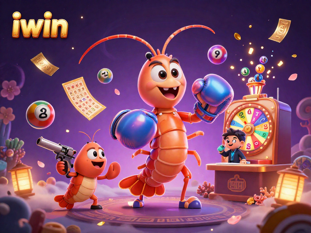 iwin lottery scene features vibrant shrimp characters amid dynamic balls and prizes, emphasizing excitement.