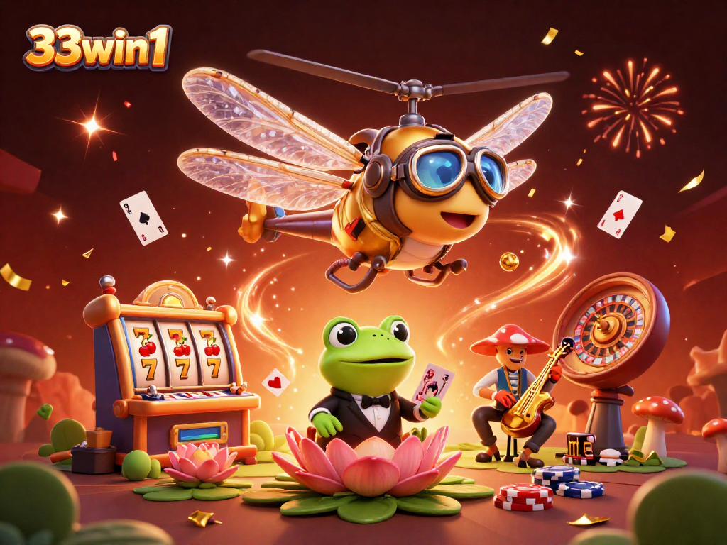 Catch the action with 33win1 as a dragonfly pilot and frog croupier entertain at a lively casino scene.