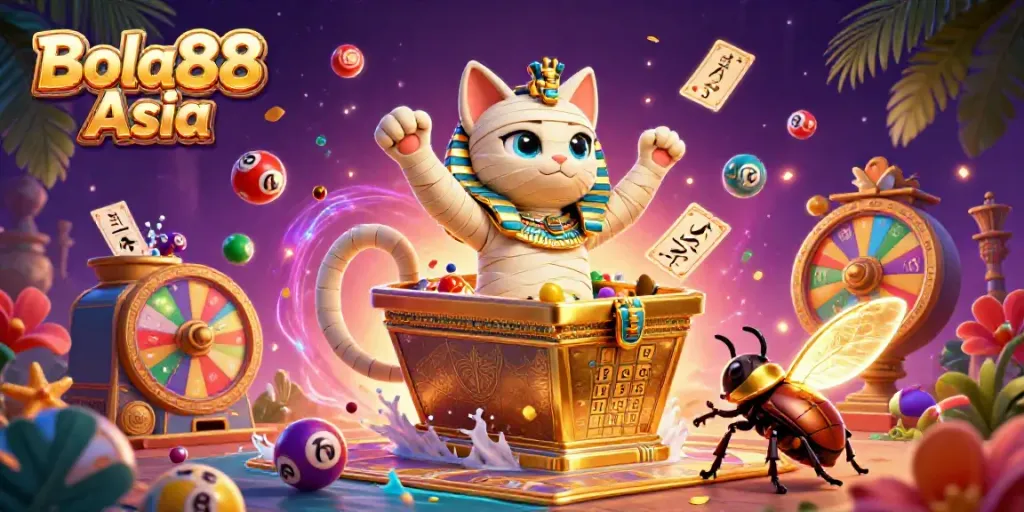 Bola88 Asia features a cartoon mummy cat with a glowing scarab in a vibrant casino scene.