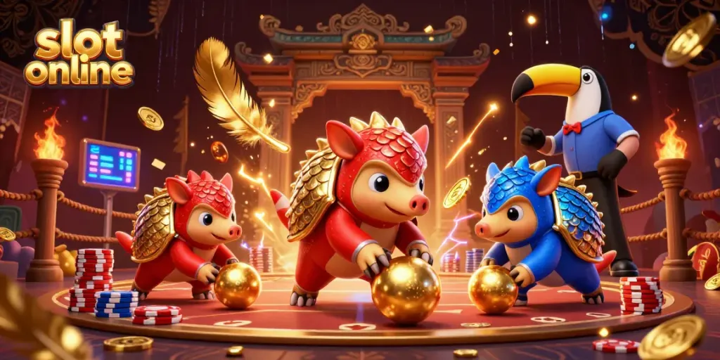 Experience thrilling gameplay with vibrant pangolins and dazzling slot online elements in this rich 3D illustration.