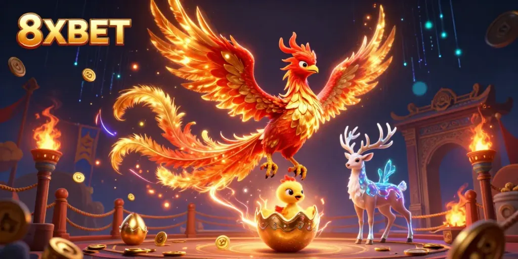 Experience thrilling moments at 8XBET with vibrant fire phoenixes, betting tokens, and mystical elements in a dynamic illustration.