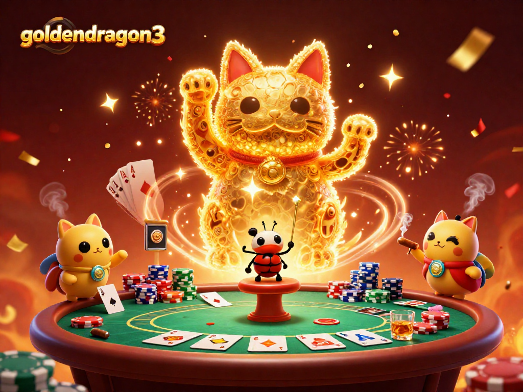 Experience immersive gameplay with goldendragon3, featuring a giant lucky cat and casino symbols in a vibrant scene.