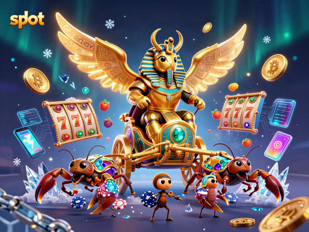 Spin slots with layered vibrant scenes featuring a colossal scarab beetle and sparkling treasures.