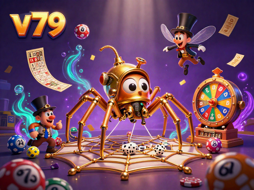 Experience the excitement of v79 with a dynamic gaming scene featuring a golden spider and a fly gentleman in an intricate web.