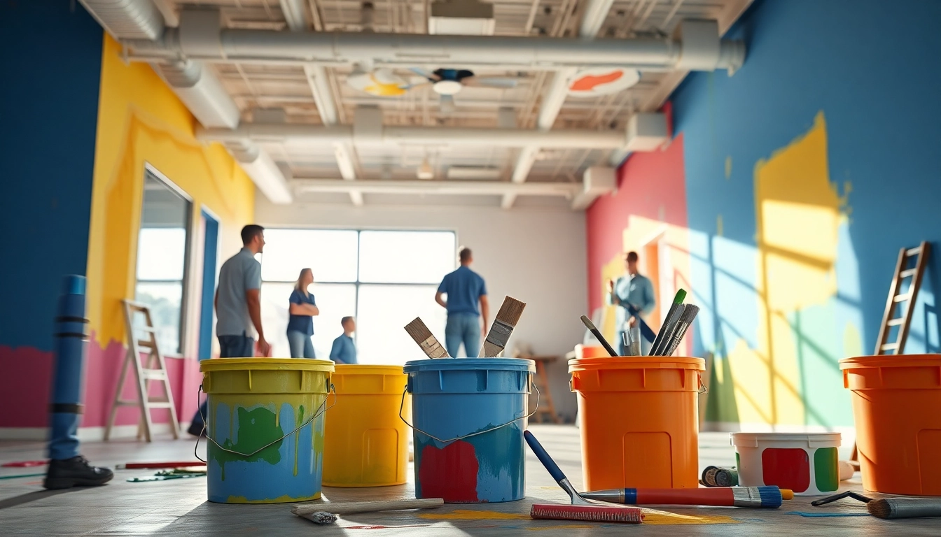 Transformative commercial painting and decorating scene with professional painters in action.