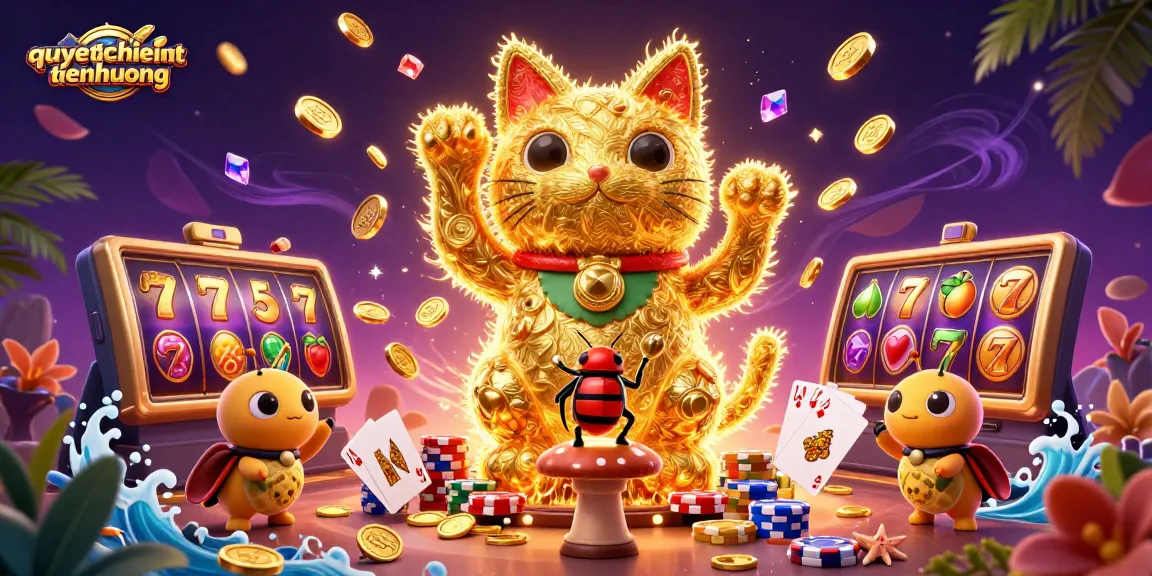 Experience the enchanting world of quyetchientienthuong as the lucky cat dances among vibrant casino symbols.