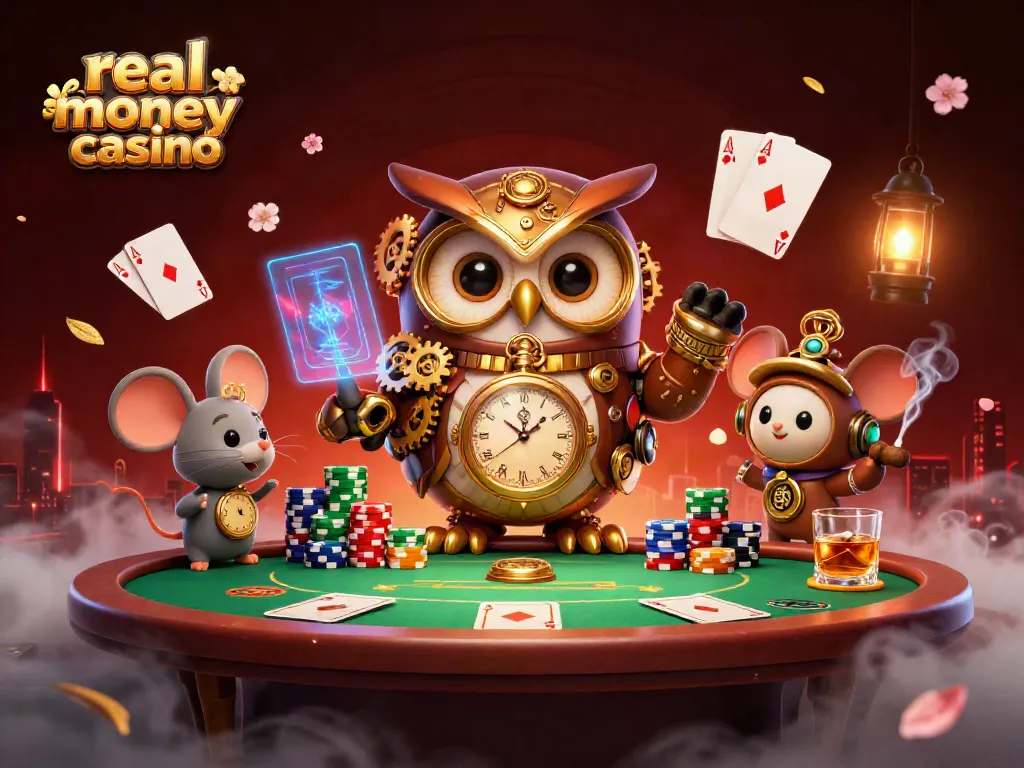 Experience real money online casino excitement with a time-traveling owl and vintage gaming elements.