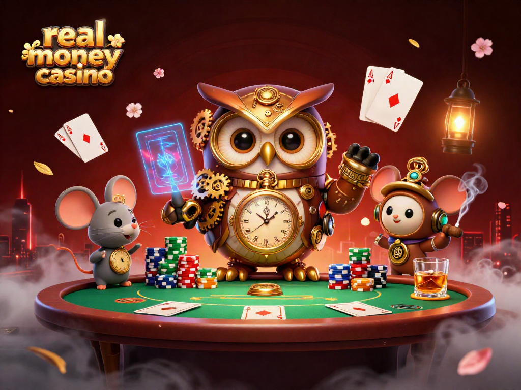 Experience real money online casino excitement with a time-traveling owl and vintage gaming elements.