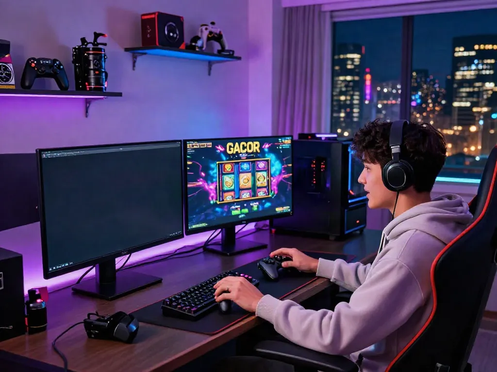 Player engaged in slot gacor gaming at modern setup with vibrant graphics