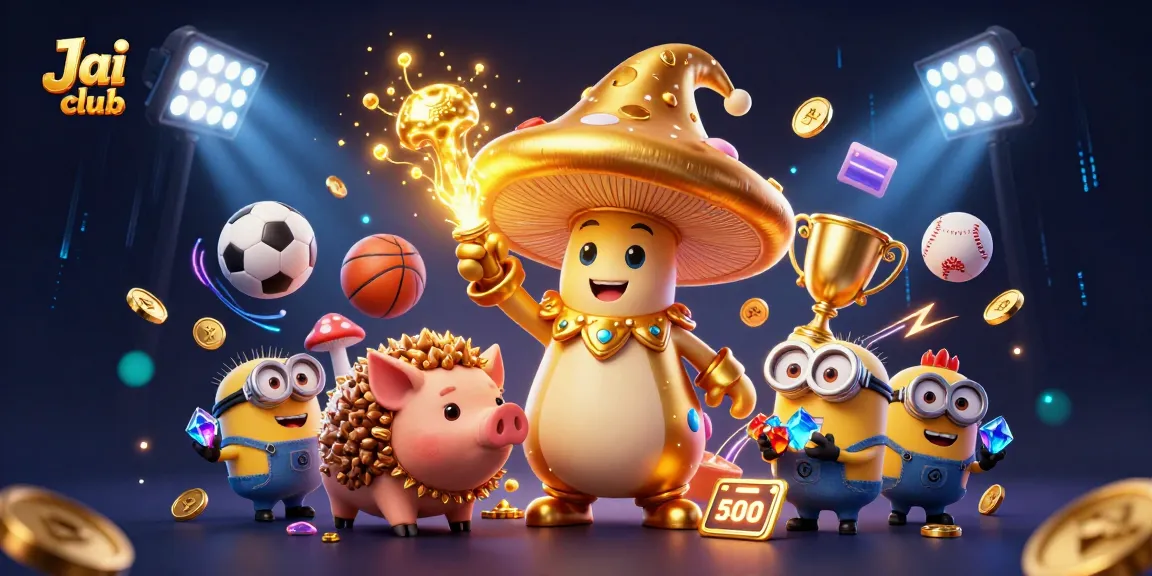 Vibrant scene showcasing Jai club with a magical golden mushroom wizard, truffle pig, and treasure amidst dynamic sports elements.