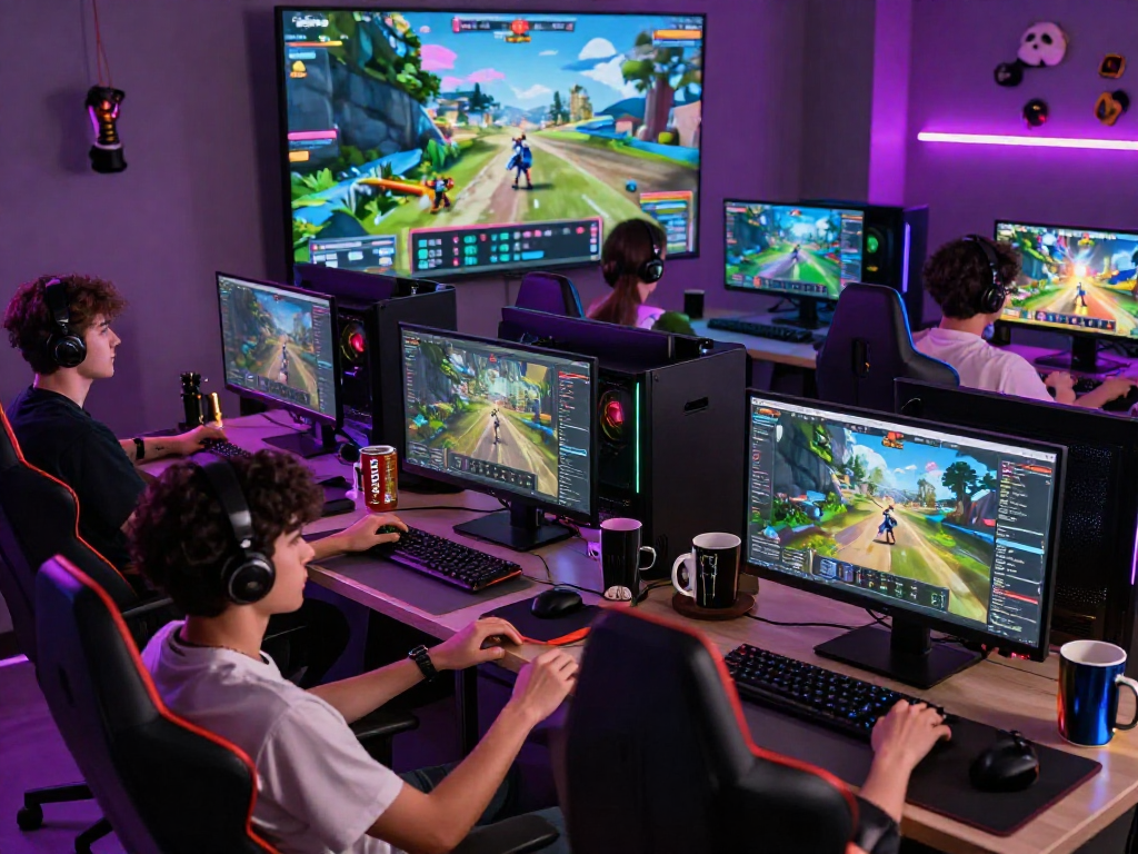 Engaging gamers enjoying a responsive interface on Bola88 platform, surrounded by high-tech gaming gear.