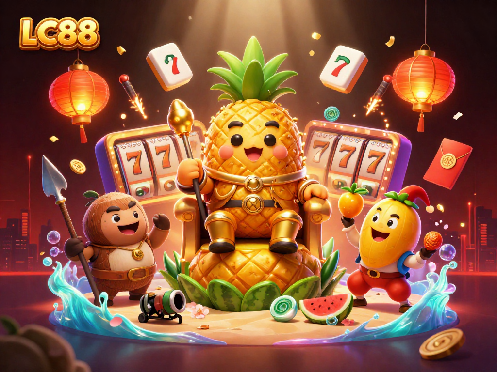 LC88's vibrant casino scene features a golden pineapple king surrounded by Jesters and game elements, showcasing the excitement.