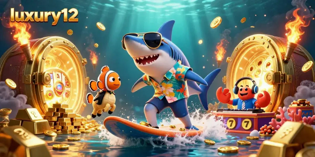 Experience the thrill of luxury12 with a lively underwater casino scene featuring vibrant characters and treasures.